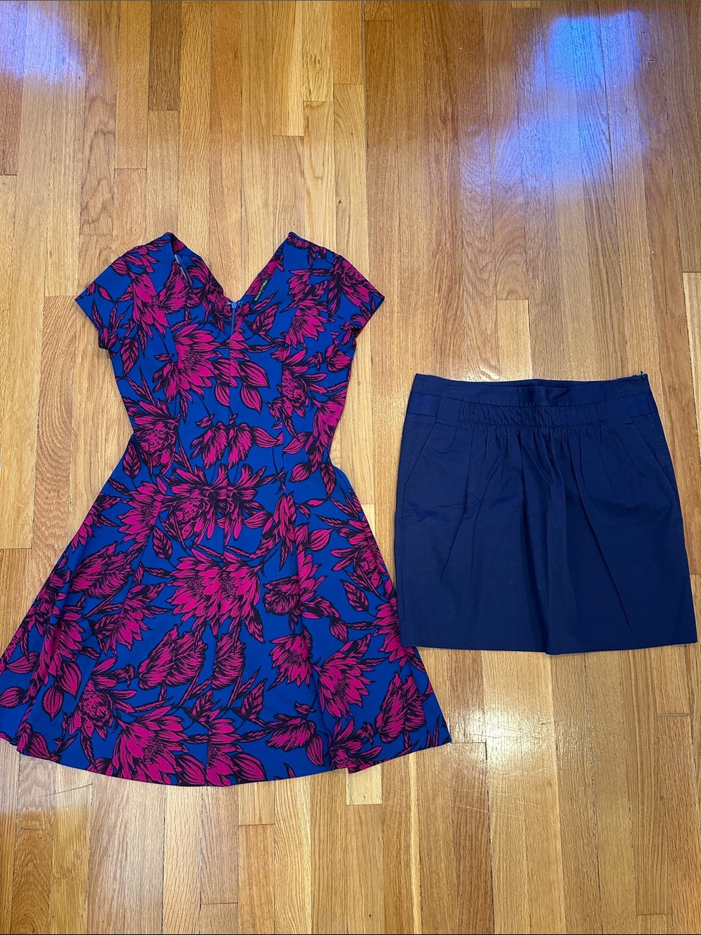 Banana Republic M Bundle Blue & Magenta Floral Fit-and-Flare Dress & Navy skirt